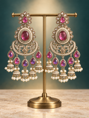 Nupur wine Kundan Chandbali earrings with oval stones, teardrop accents and hanging jhumkis