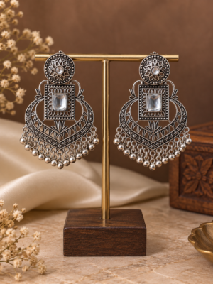 Charvi oxidised silver-tone Chandbali earrings with floral tops, rectangular clear stones and hanging beads