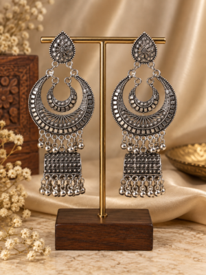 Chandrika oxidised Chandbali jhumka earrings with teardrop tops, layered crescents and hanging beads