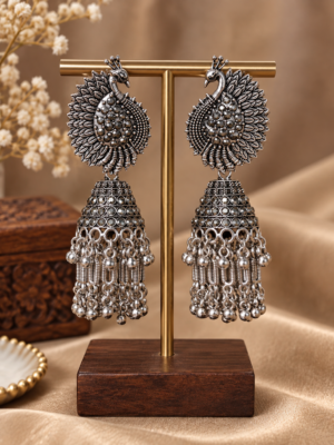 Mayurika oxidised peacock jhumka earrings with feather detailing, stone accents and hanging beads