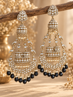 Sanchita black long Kundan jhumka earrings with ornate floral stone detailing and black bead drops