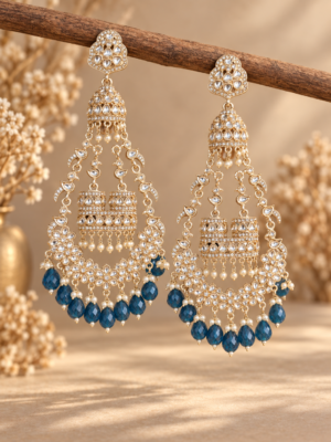 Sanchita dark blue long Kundan jhumka earrings with golden polish and ornate bead drops