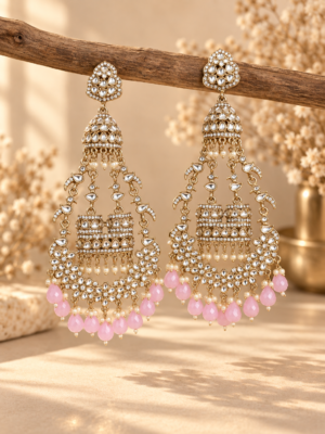 Sanchita light pink long Kundan jhumka earrings with floral stone detailing and pastel pink bead drops