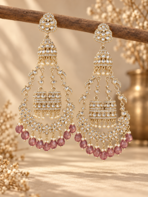 Sanchita onion pink long Kundan jhumka earrings with golden polish and ornate bead drops