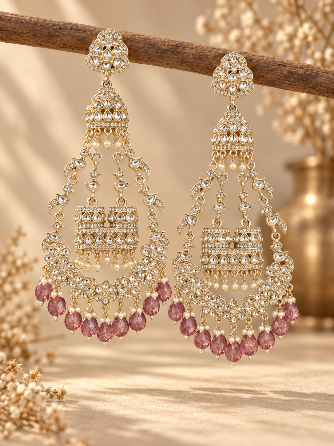 Sanchita onion pink long Kundan jhumka earrings with golden polish and ornate bead drops