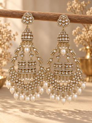 Long white Kundan earrings with layered jhumkas and openwork frames