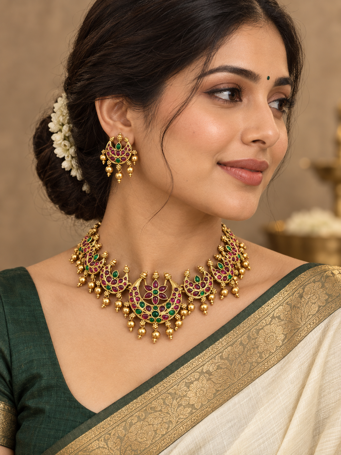 Rajeshwari ruby green temple jewellery set with crescent necklace, golden bead drops and matching earrings
