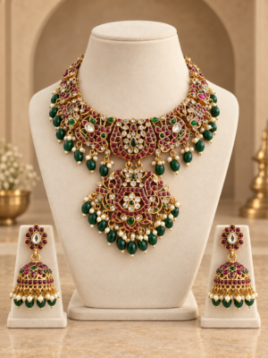 Rajyalakshmi ruby green semi bridal temple jewellery set with heavy pendant and matching jhumka earrings
