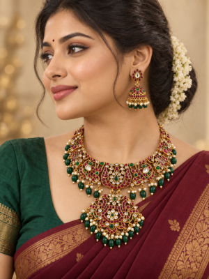 Heavy semi bridal temple necklace set with ruby-green stones and jhumka earrings