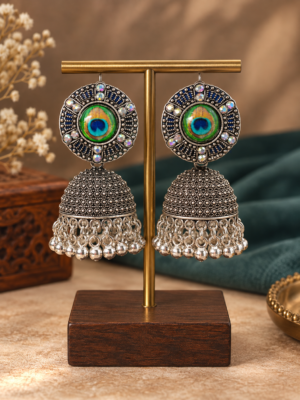 Mayurakshi peacock eye oxidised jhumka earrings with colourful round tops and silver-tone bead fringes