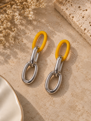 Elina yellow and silver link drop earrings with three interlocking oval shapes