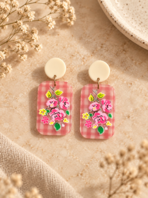 Rosie pink floral gingham drop earrings with cream round tops