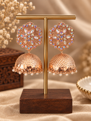 Aarisha rose gold floral jhumka earrings with iridescent stones and white bead fringes