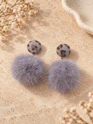 Misty grey fur pom-pom earrings with leopard-print stud tops