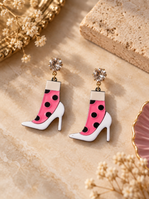 Diva pink polka dot boot earrings with sparkling round stud tops
