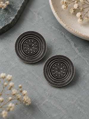 Aadhya oxidised brass round stud earrings with engraved detailing