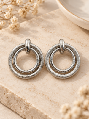 Silver-toned double circle drop earrings with textured finish