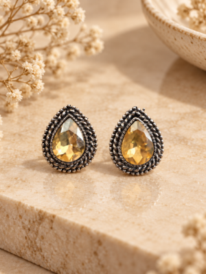 Golden oxidised teardrop stone stud earrings