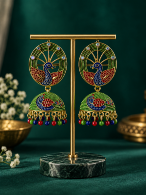 Multicolour peacock jhumka earrings with colourful hanging beads