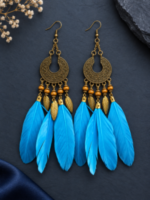 Lightweight blue feather dangler earrings with antique crescent motifs