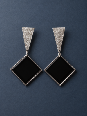 Lightweight black geometric drop earrings with silver-toned triangular tops