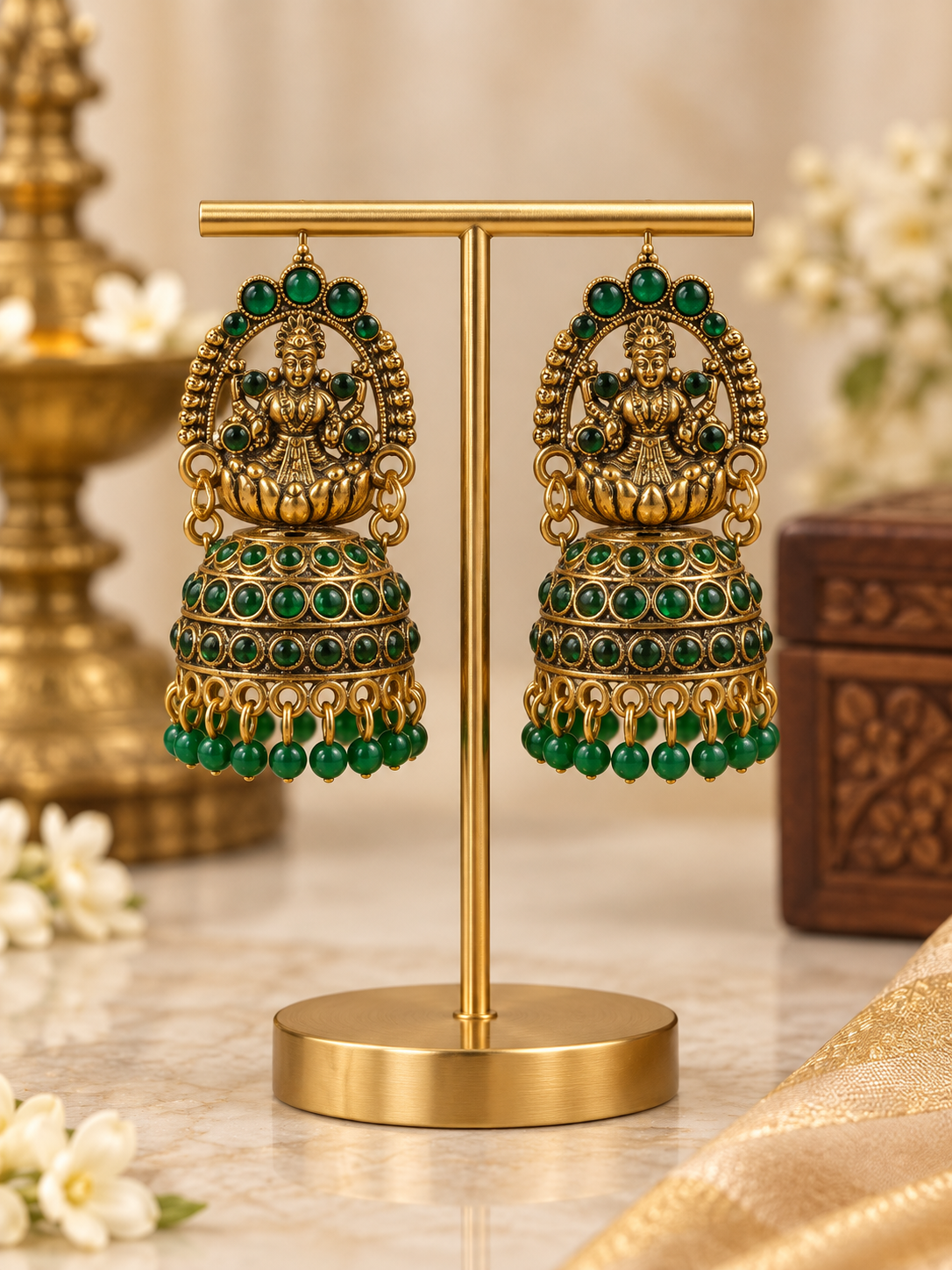 Vaidehi green Lakshmi oxidised jhumka earrings with pearl drops