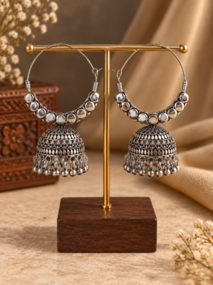 Charvi oxidised jhumka bali earrings with hanging silver-toned beads