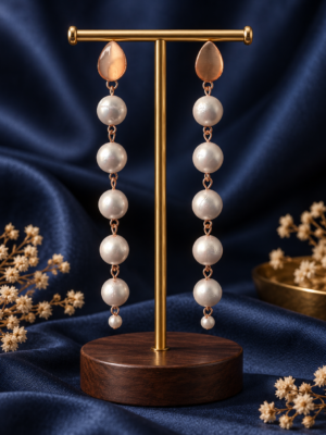Long white pearl chain drop earrings measuring 12 cm