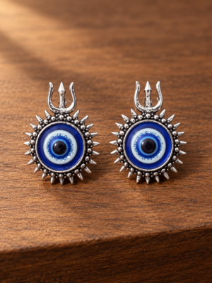 Oxidised evil eye trishul stud earrings with blue centre
