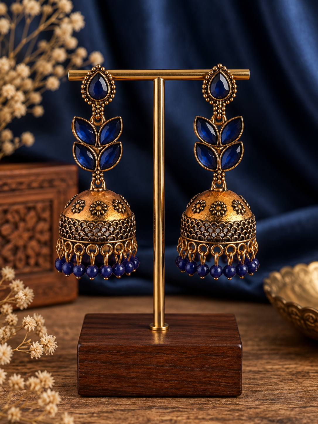 Kavisha dark blue oxidised leaf jhumka earrings with bead drops