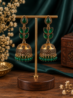 Kavisha dark green oxidised leaf jhumka earrings with bead drops