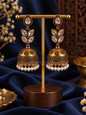 Kavisha white oxidised leaf jhumka earrings with bead drops