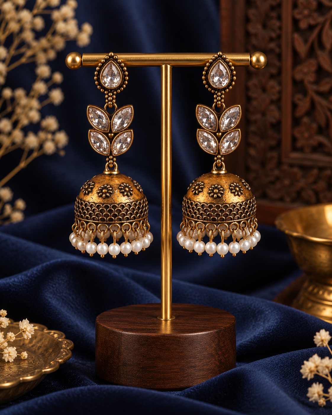 Kavisha white oxidised leaf jhumka earrings with bead drops