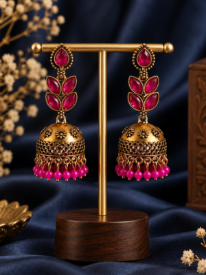 Kavisha Dark Pink Oxidised Jhumka Earrings