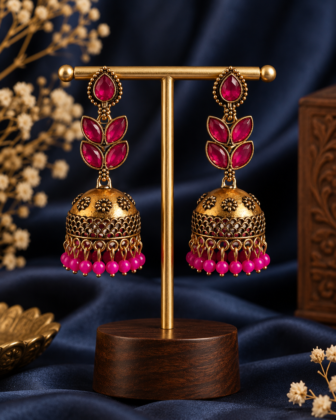 Kavisha Dark Pink Oxidised Jhumka Earrings