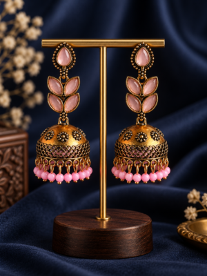 Kavisha light pink oxidised leaf jhumka earrings with bead drops