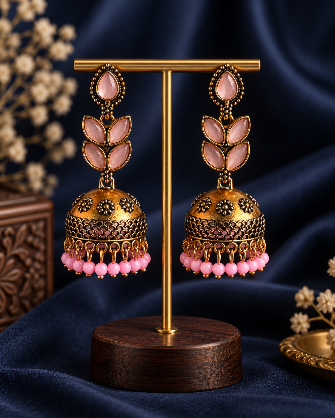 Kavisha light pink oxidised leaf jhumka earrings with bead drops