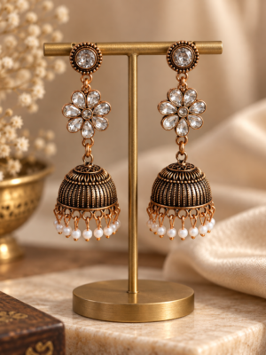 Anvika white stone oxidised floral jhumka earrings with bead drops