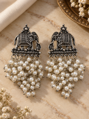 Vanya oxidised elephant pearl earrings with cascading white beads