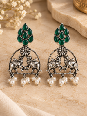 Nandi dark green oxidised earrings with white pearl drops