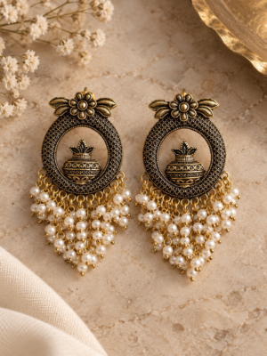 Purnika oxidised kalash pearl earrings with cascading white beads