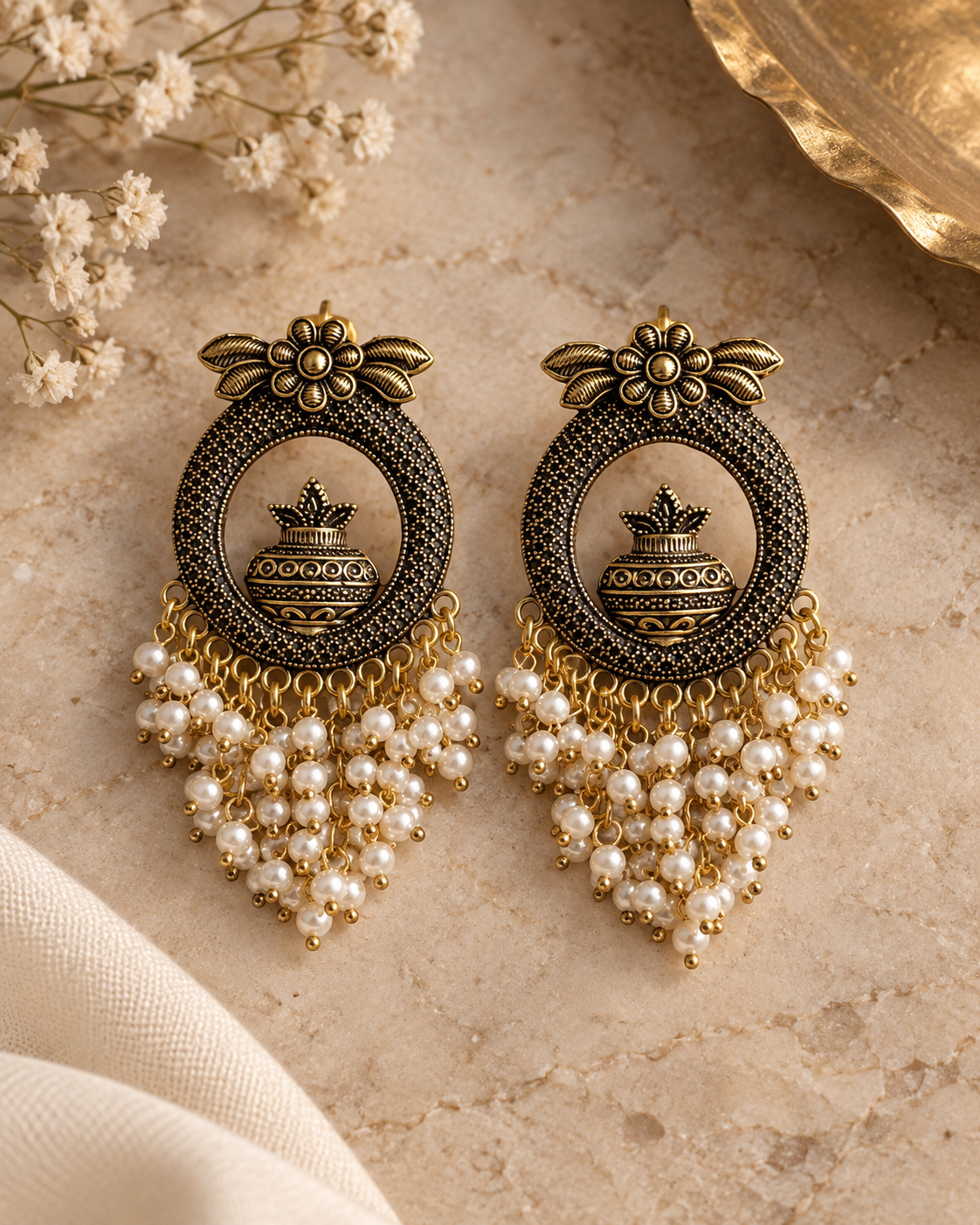 Purnika oxidised kalash pearl earrings with cascading white beads