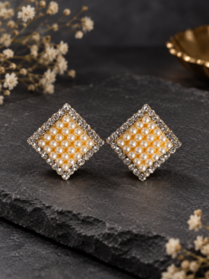Crystal border pearl square stud earrings in gold-toned setting