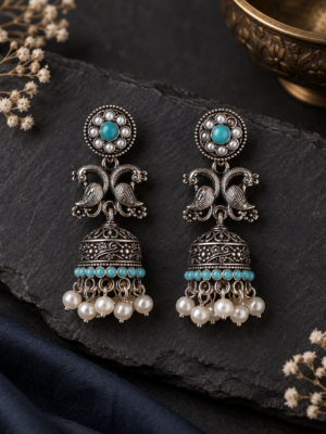 Light Blue peacock oxidised jhumka earrings with white pearl drops