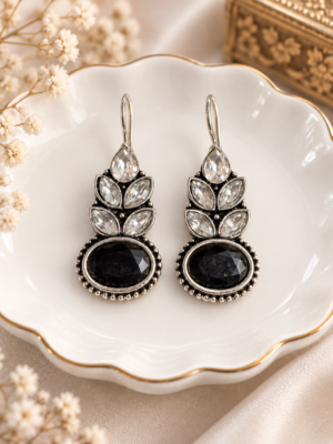 Navya black oxidised leaf stone drop earrings