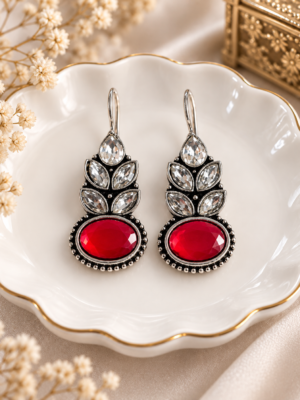 Navya red oxidised leaf stone drop earrings