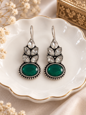 Navya dark green oxidised leaf stone drop earrings