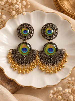 Oxidised chandbali earrings featuring vibrant peacock-feather motifs, intricate detailing and golden ghungroos. Measuring approximately 6 cm, they pair beautifully with ethnic and Indo-western outfits.