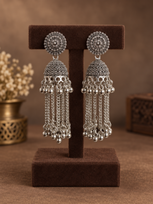 Oxidised long chain tassel jhumka earrings with metallic ghungroos