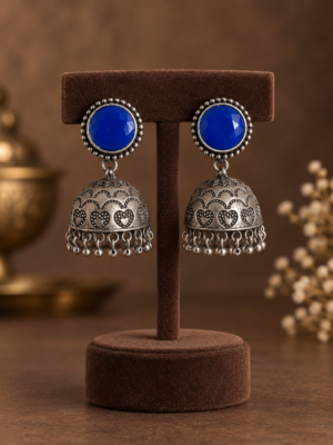 Blue stone brass jhumka earrings measuring 4.5 cm